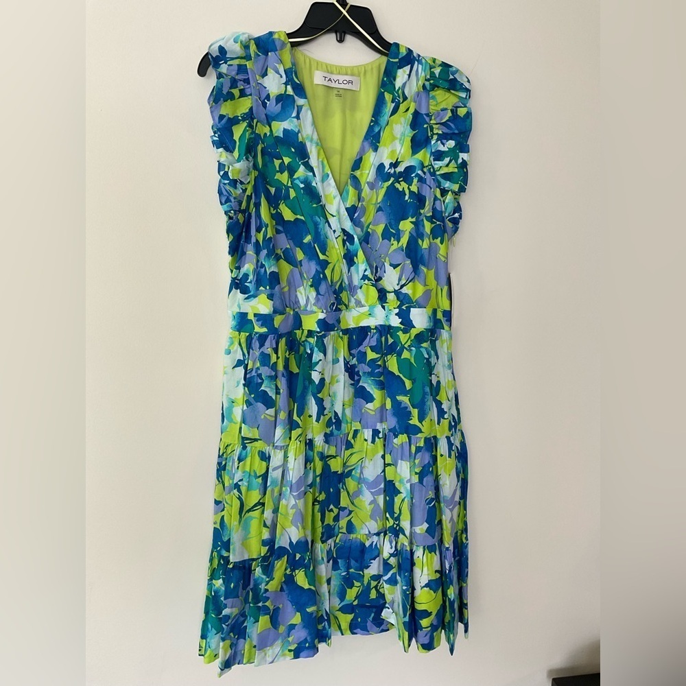 Taylor Blue and‎ Green Wrap Sundress with Puff Sleeves​​​​